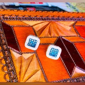 Real Blue and White Diamond Screw Back Earrings